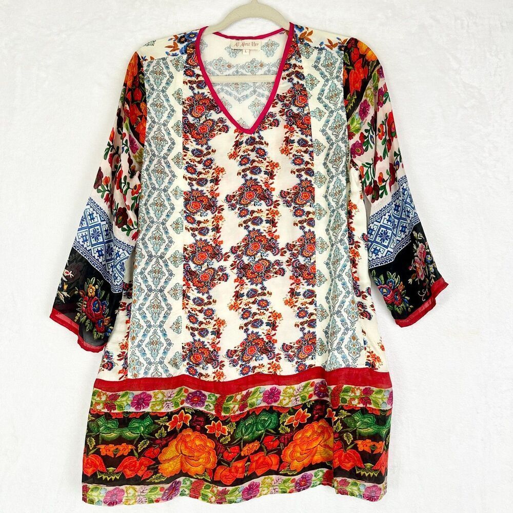 All About Her Floral Viscose Boho Tunic Size Large 3/4 Sleeve V-Neck
